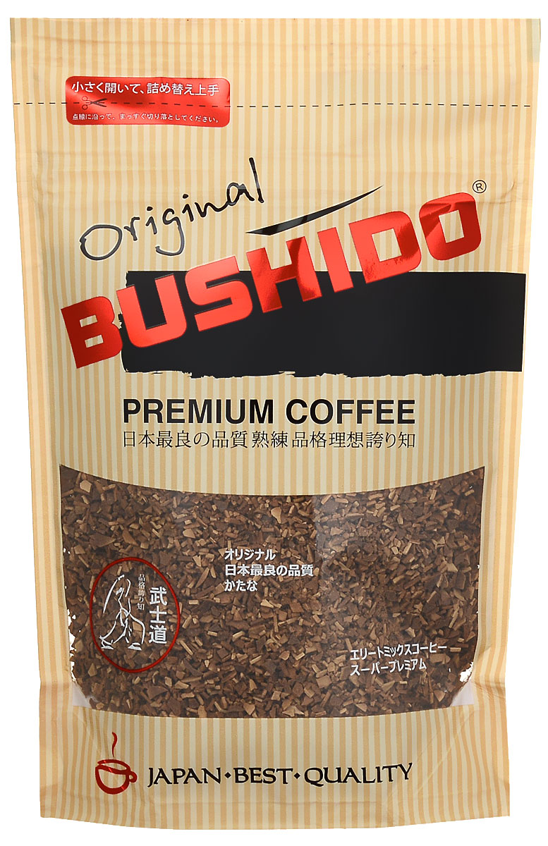 Bushido Original кофе растворимый, 85 г7610121710899 Bushido Original кофе растворимый, 85 г7610121710899Bushido Original изготовлен из собранной вручную южноамериканской арабики, обладает оригинальным вкусом, тонким ароматом и долгим послевкусием.