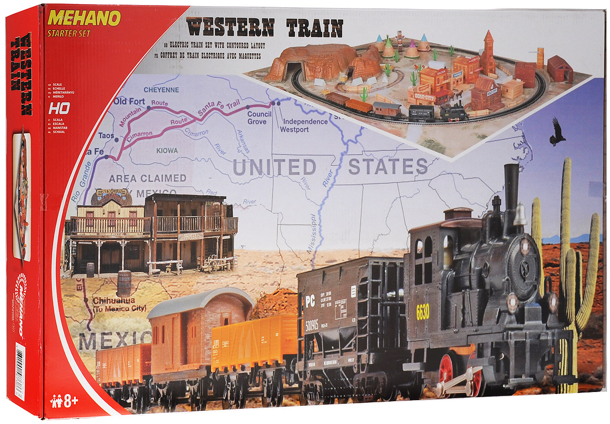 Mehano Железная дорога Western Train с ландшафтомT109 Mehano Железная дорога Western Train с ландшафтомT109Железная дорога Mehano Western Train с ландшафтом - миниатюрная копия товарного поезда. Такая железная дорогая понравится не только детям, но взрослым коллекционерам. В комплект входит все необходимое для создания собственного железнодорожного трека: локомотив, 4 вагона, игровое поле, 9 макетов построек, дорожный знак, холм, 3 конных экипажа, 4 тележки, холм, тотем, водокачка, 4 юрты, 4 палатки, 9 кактусов, 12 элементов забора, а также железнодорожное полотно, включающее в себя 12 радиальных рельс, 2 прямые рельсы, 12 соединительных элементов системы Quick Click, сетевой адаптер, пульт-контроллер, подробную иллюстрированную инструкцию по сборке и управлению железной дорогой. Во время пути поезд минует городские улицы с жилыми и хозяйственными постройками, пригород с зарослями кактуса, глубокий тоннель через высокий горный массив. За паровозом и вагонами следят лошади, запряженные в конные экипажи, и наверное, из каждого окна следит за проезжающим составом невидимая пара...