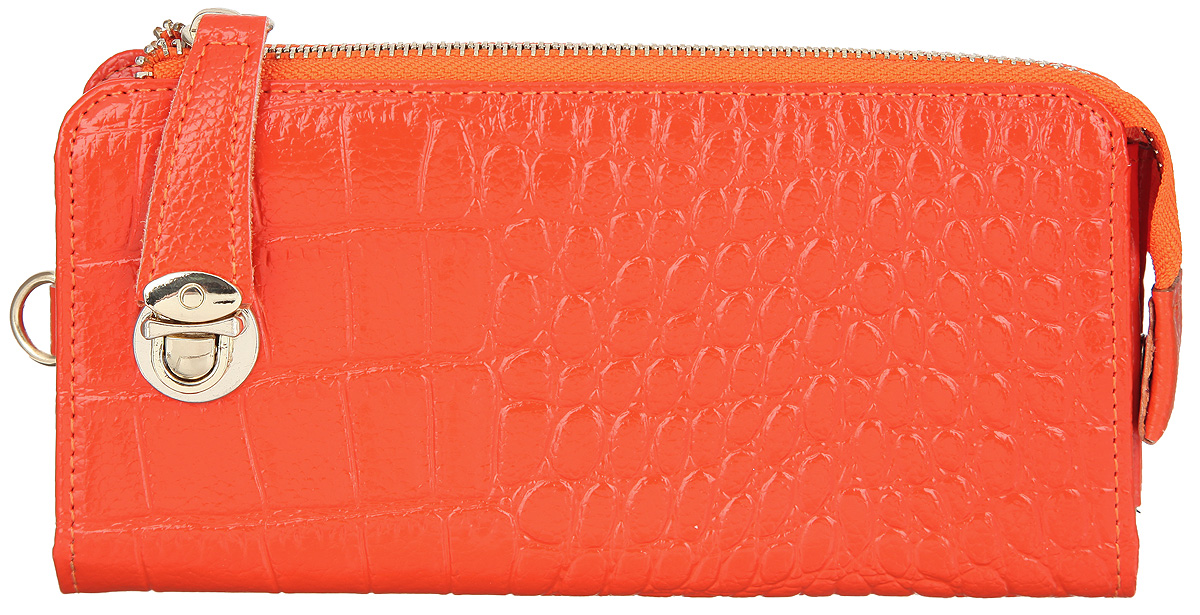Кошелек женский Cheribags, цвет: оранжевый. 04K-5130-2204K-5130-22 Кошелек женский Cheribags, цвет: оранжевый. 04K-5130-2204K-5130-22Стильный кошелек Cheribags выполнен из натуральной кожи с тиснением под рептилию и оформлен металлической фурнитурой. Кошелек дополнен съемным ремешком-петлей на запястье. Изделие закрывается на застежку-молнию и дополнительно хлястиком на замок-защелку. Застежка-молния для удобства дополнена держателем и магнитной кнопкой. Кошелек содержит четыре отделения для купюр, четыре кармашка для визиток или кредитных карт, отделение для монет на молнии и два дополнительных накладных кармана для мелких бумаг и чеков. Снаружи, на тыльной стороне кошелька расположен врезной карман на молнии. Стильный кошелек Cheribags станет отличным подарком для человека, ценящего качественные и практичные вещи.
