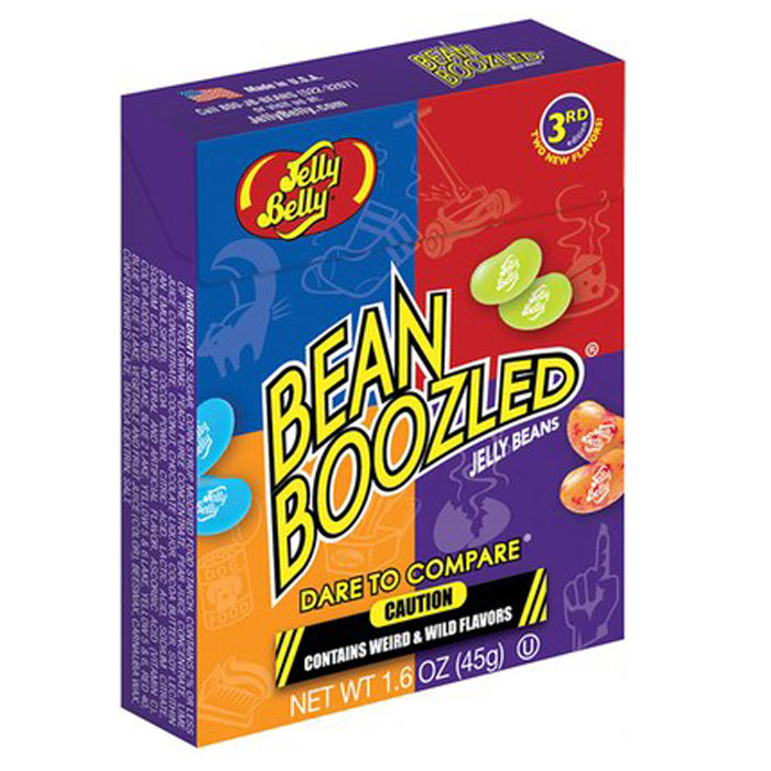 Jelly Belly Bean Boozled драже жевательное, 45 гУТ-00000353 Jelly Belly Bean Boozled драже жевательное, 45 гУТ-00000353Конфеты Jelly Belly в последнее время стали очень популярны, за свой удивительный вкус, который передаётся на 100% правдоподобно. Так что эти конфеты действительно ну очень вкусные. Попробовав одну конфетку, будет сложно остановится! Набор содержит конфетки со странными вкусами: собачьего корма, вонючих носков, скошенной травы, детских подгузников, тухлого яйца, зубной пасты, рвоты и соплей. Такое драже станет превосходным подарком-розыгрышем для ваших друзей.