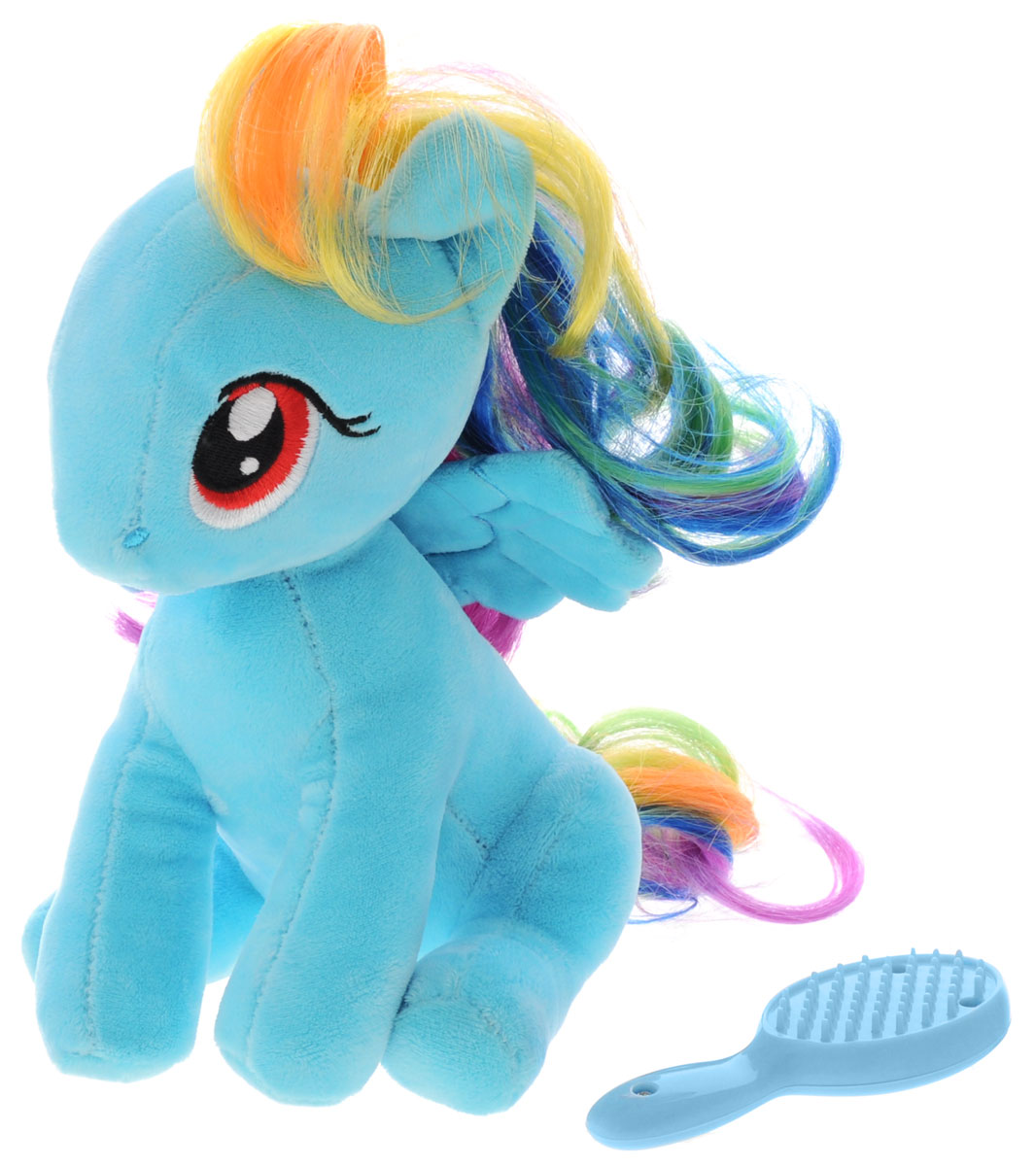 My Little Pony Мягкая игрушка Пони Rainbow Dash с волшебной расческой 20 см2098057_голубой My Little Pony Мягкая игрушка Пони Rainbow Dash с волшебной расческой 20 см2098057_голубойМягкая игрушка My Little Pony Пони Rainbow Dash с волшебной расческой, выполненная в виде пони с разноцветной гривой, порадует вашу малышку и доставит ей много удовольствия от часов, посвященных игре с ней. Игрушка изготовлена из гипаллерегенной ткани, очень приятной на ощупь. У пони роскошная грива, которую можно расчесывать. Для этого в наборе имеется расческа. Как только вы начнете ее причесывать - она засветятся от счастья! Играя с пони, ребенок развивает мелкую моторику, свое воображение и фантазию, усидчивость. Порадуйте свою малышку таким подарком.