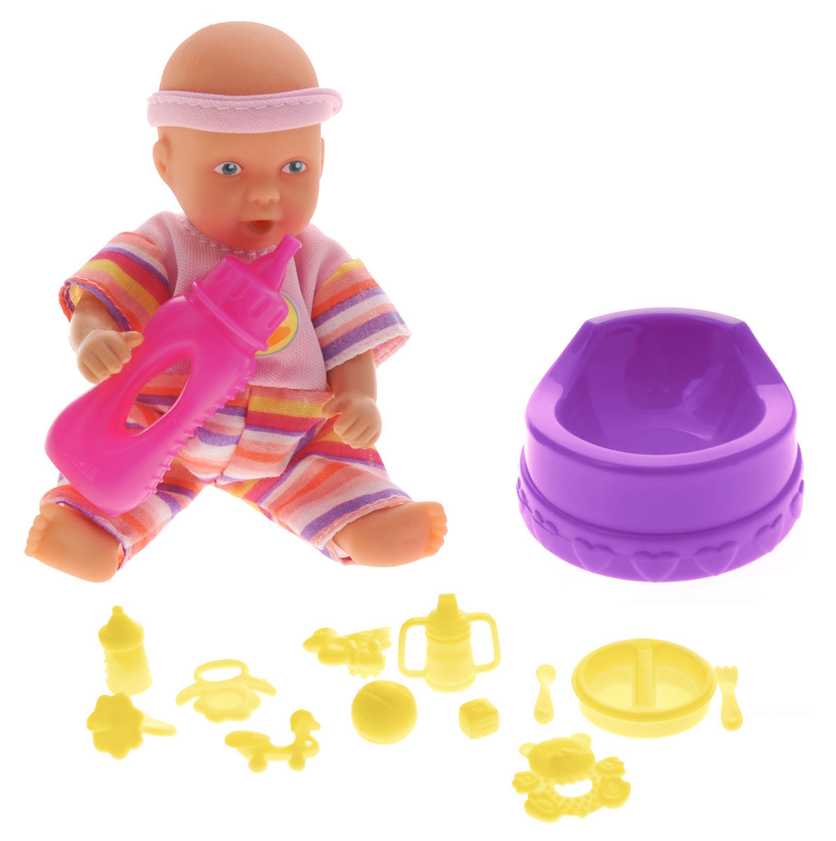 Simba Пупс Mini New Born Baby цвет бутылочки розовый5033195_розовый Simba Пупс Mini New Born Baby цвет бутылочки розовый5033195_розовыйПупс Simba Mini New Born Baby непременно приведет в восторг вашу дочурку. Кукла выполнена из высококачественного пластика. В набор входят: пупс, бутылочка, горшок, посуда, 2 погремушки, 2 поильника, соска и различные игрушки. Куколка пьет и писает, совсем как настоящий малыш! Просто напоите ее из входящей в набор бутылочки, и через некоторое время пупс пописает. Руки, ноги и голова куклы подвижны, что позволяет придавать ей разнообразные позы. Игры с куклой способствуют эмоциональному развитию, помогают формировать воображение и художественный вкус, а также разовьют в вашей малышке чувство ответственности и заботы. Великолепное качество исполнения делают этот набор чудесным подарком к любому празднику.