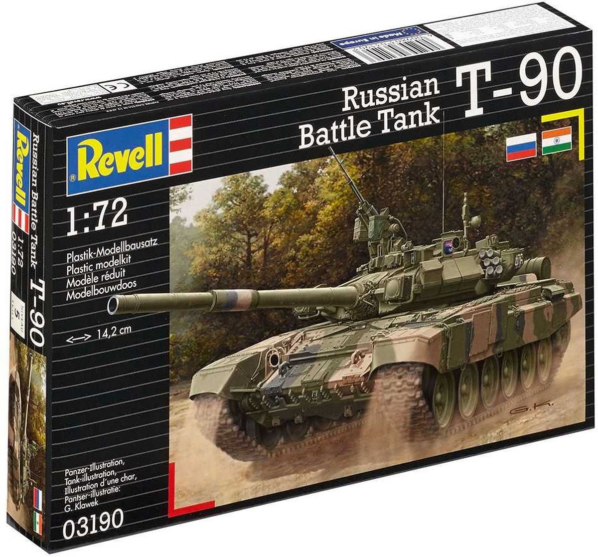 Revell Сборная модель Танк Т-9003190R Revell Сборная модель Танк Т-9003190RС помощью сборной модели Revell Танк Т-90 вы и ваш ребенок сможете собрать уменьшенную копию одноименного танка. Набор включает в себя 157 пластиковых элементов для сборки, а также схематичную инструкцию. На текущий момент Т-90 является самым современным танков в армии России. Создавался как модернизация Т-72Б. Танк оснащен 125 мм орудием, способным вести огонь, как стандартными боеприпасами, так и ПТУРами. Т-90 имеет сварной корпус и литую башню. Танк оборудован активной защитой, состоящей из комплекса оптико-электронного подавления Штора-1. Комплекс предназначен для защиты от поражения танка противотанковыми управляемыми ракетами и состоит из станции оптико-электронного подавления и системы постановки завес. С 2001 по 2010 годы Т-90 стал самым продаваемым танком на мировом рынке. Процесс сборки развивает интеллектуальные и инструментальные способности, воображение и конструктивное мышление, а также прививает практические навыки работы со схемами и чертежами. ...