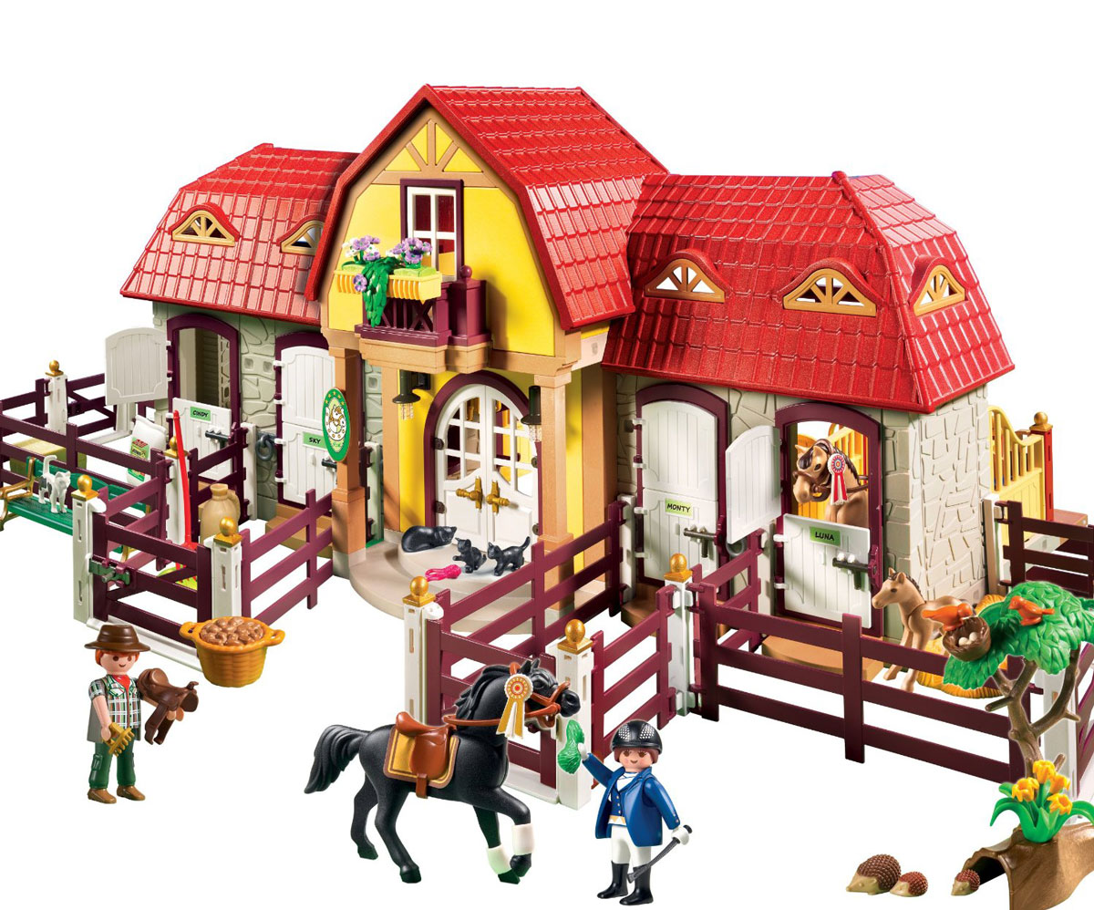 Playmobil Игровой набор Лошади Большая конюшня5221pm Playmobil Игровой набор Лошади Большая конюшня5221pmИгровой набор Playmobil Лошади: Большая конюшня позволяет детскому воображению реализоваться очень ярко! Ежедневные игры с возможностью проявления заботы, хозяйственной деятельности очень полезны, они являются предпосылкой для построения прочных и правильных отношений с живым окружающим миром и развития гармоничной личности. Мелкая моторика, пространственное мышление, речь, - развивающая сторона сюжетно-ролевой игры неоценима. В комплект входит: большая конюшня, 4 загона (вертикальные и горизонтальные элементы), сеновал, фигурка мужчины фермера, фигурка женщины наездницы, вилы, щетка, ухват, веничек и другие аксессуары. Ваш ребенок будет часами играть с этой игрушкой, придумывая различные истории. Порадуйте его таким замечательным подарком! Характеристики: Высота фигурки взрослого: 7,5 см. Размер конюшни: 54 см х 46 см х 29 см. Изготовитель: Германия.