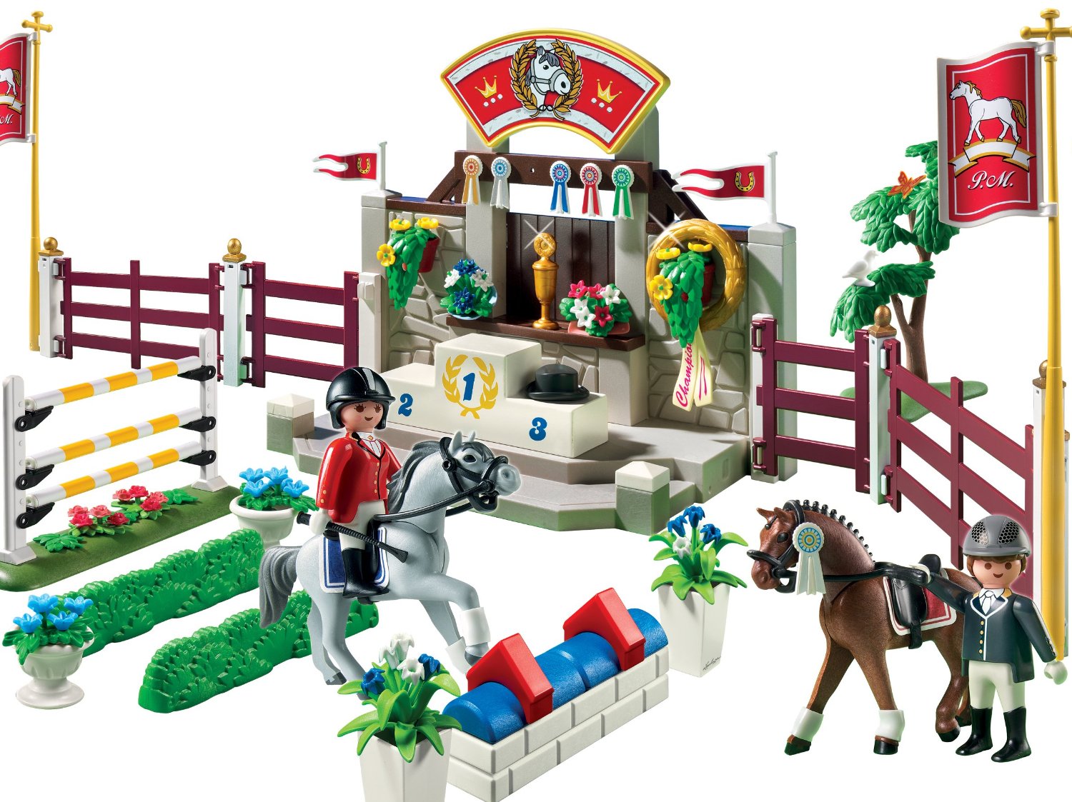Playmobil Игровой набор Лошади Манеж для выездки и конкура5224pm Playmobil Игровой набор Лошади Манеж для выездки и конкура5224pmИгровой набор Playmobil Пожарная служба надолго займет внимание вашего ребенка. Ваш ребенок будет часами играть с этой игрушкой, придумывая различные истории. В набор входит: фигурки наездника и наездницы, цветы, 2 лошадей, подиум для награждения победителей, кубок, препятствия для скачек и другие элементы. Играя в конструкторы, ребенок развивает мелкую моторику, координацию движения, воображение и внимание. Он учится логически мыслить и действовать. Характеристики: Высота фигурки наездника: 7,5 см. Размер фигурки лошади: 10 см х 7 см. Изготовитель: Испания.