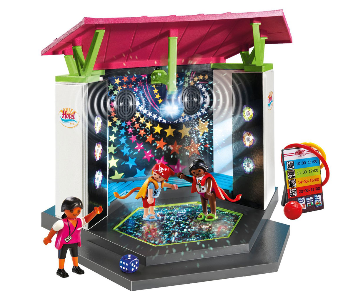 Playmobil Игровой набор Отель Детский клуб с танцплощадкой5266pm Playmobil Игровой набор Отель Детский клуб с танцплощадкой5266pmИгровой набор Playmobil Отель: Детский клуб с танцплощадкой не даст ребенку скучать. Днем на танцплощадке можно проводить спортивные занятия с прилучающимся инвентарем, а вечером она может становиться веселой дискотекой. Танцплощадка оснащена звуковыми и световыми эффектами. Например, при включении танцплощадки с двух ее сторон мигают три прожектора, а сверху горит дискотечный шар. К набору прилагается кабель, который можно подключить к плееру, телефону или другому устройству и на площадке зазвучит любимая музыка. В набор входит: две фигурки детей, фигурка взрослого, пальма, провод mp3, стенд с рекламой, мяч, кубик, кукла, 2 обруча, 8 кеглей, 2 накидки с хвостиками. Игровые наборы Playmobil помогают ребенку развить фантазию, координацию движения, ритмичность. Характеристики: Высота фигурки взрослого: 7,5 см. Высота фигурки ребенка: 5,25 см. Изготовитель: Германия. Необходимо докупить 4 батарейки...