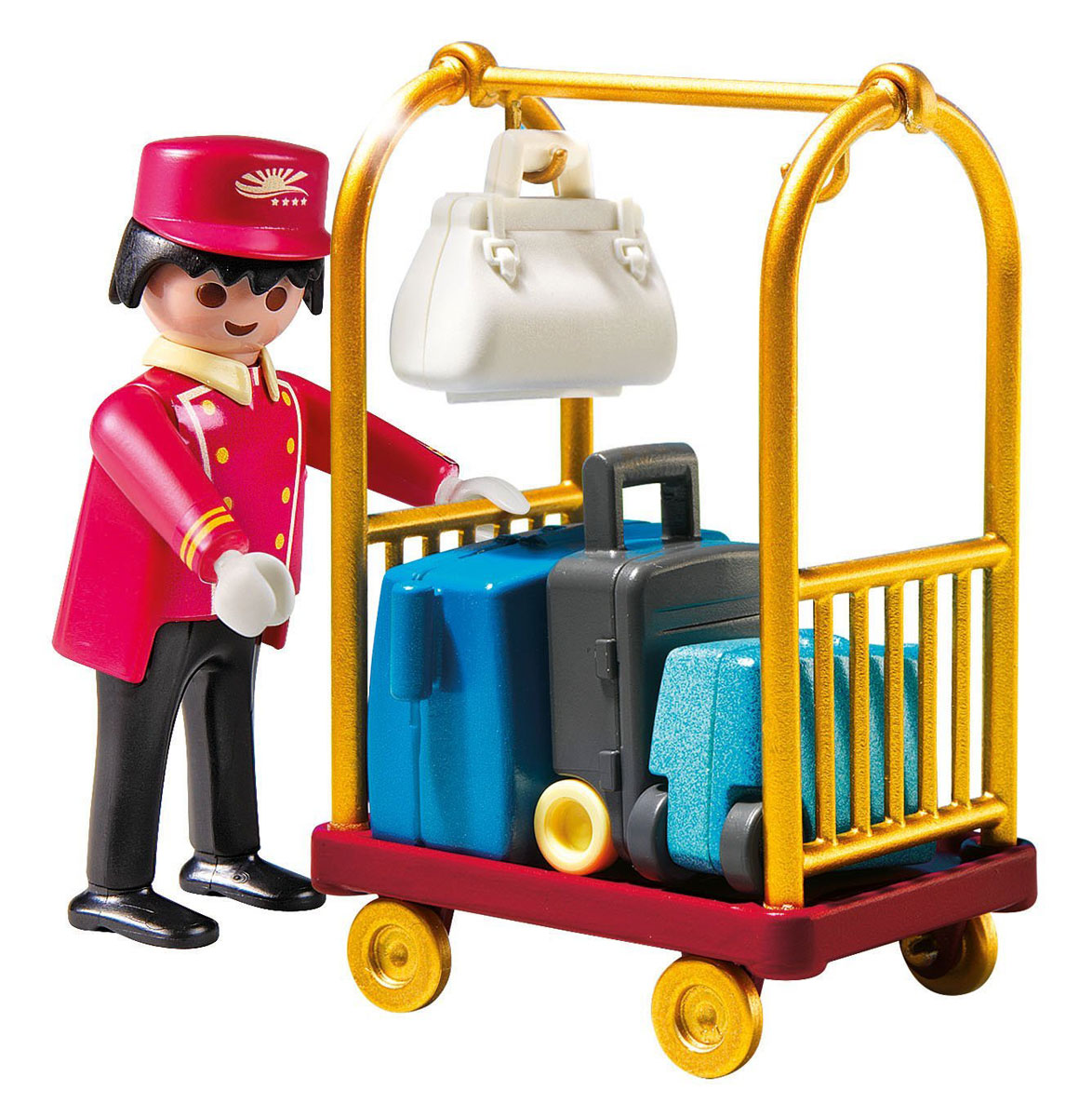Playmobil Игровой набор Отель Носильщик с чемоданами5270pm Playmobil Игровой набор Отель Носильщик с чемоданами5270pmИгровой набор Playmobil Отель: Носильщик с чемоданами – это интересный и увлекательный игровой конструктор, который порадует любого ребенка. Фигурка приветливого носильщика, одетого в специальную униформу, разнообразит действия и сюжет захватывающей игры. В набор входит: две дорожные сумки, большой чемодан с выдвижной ручкой, тележка на колесиках. Игровые наборы Playmobil помогают детям освоить особенности новой для них профессии, учат вежливости, этикету и приему гостей.