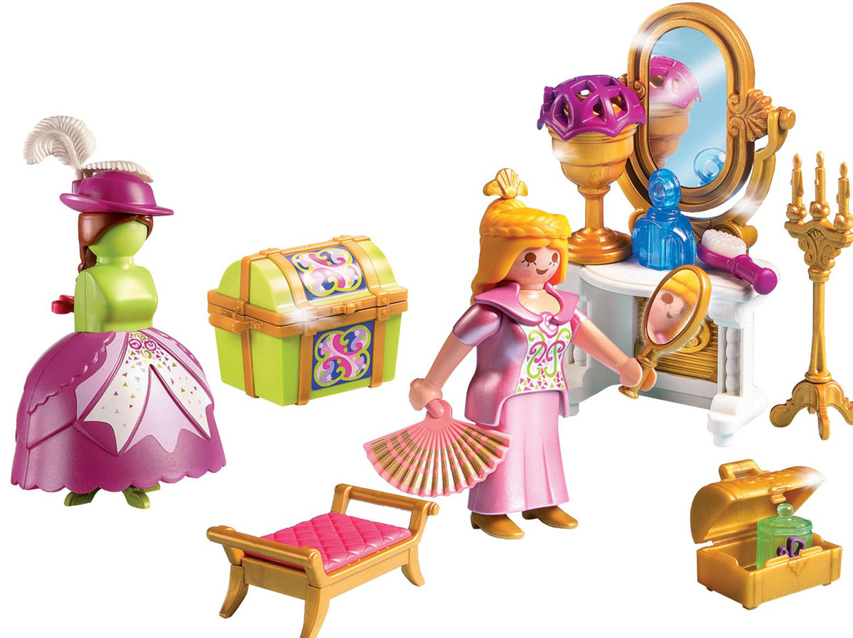 Playmobil Игровой набор Сказочный дворец Королевская гардеробная комната5148pm Playmobil Игровой набор Сказочный дворец Королевская гардеробная комната5148pmИгровой набор Playmobil Сказочный дворец: Королевская гардеробная комната - идеальный набор для маленьких модниц. Играя с набором от Playmobil, они будут подбирать наряд для королевы, обдумывать аксессуары и готовить королеву к походу на бал. В комплект входит: фигурка королевы, тумбочка с зеркалом, большой сундук, сундучок, манекен, напольный подсвечник, веер, флакончик парфюма, подсвечник, зеркальце и другие предметы. Игровые наборы Playmobil развивают у ребенка моторику пальчиков, а также внимание и логику. Играя в фигурки и аксессуары, малыш самостоятельно учится придумывать сюжет, у него развивается зрительное восприятие действительности, воображение, формируются творческие способности.