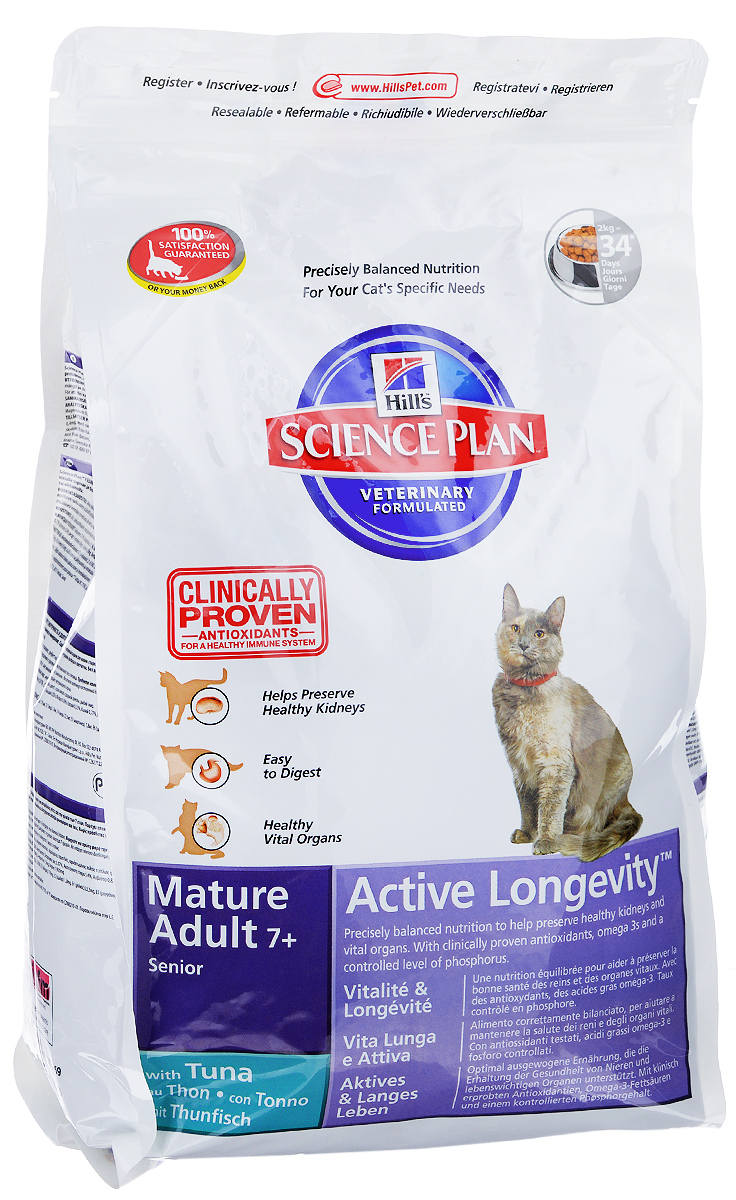 Корм сухой Hills Active Longevity для пожилых кошек, с тунцом, 2 кг8770 Корм сухой Hills Active Longevity для пожилых кошек, с тунцом, 2 кг8770Корм сухой Hills предназначен для пожилых кошек старше 7 лет. Корм помогает сохранить функцию почек и других жизненно важных органов. Разработан с антиоксидантами с клинически подтвержденным эффектом, Омега-3 жирными кислотами и сниженным содержанием фосфора. Ключевые преимущества: Антиоксидантные витамины Е и С для сохранения функции почек. Высоко перевариваемые ингредиенты для легкого пищеварения. Поддерживает функцию жизненно важных органов с помощью сбалансированного уровня минералов. 100% гарантия качества, консистенции и вкуса. Состав: тунец (минимум 8%), молотый рис, мука из курицы и индейки, мука из маисового глютена, молотая кукуруза, животный жир, мука из тунца, гидролизат белка, калия хлорид, сухая свекольная пульпа, кальция карбонат, рыбий жир, L-лизина идрохлорид, соль, таурин, L-триптофан, витамины и микроэлементы. Содержит натуральные консерванты - смесь токоферолов, лимонную кислоту и экстракт розмарина. Среднее...
