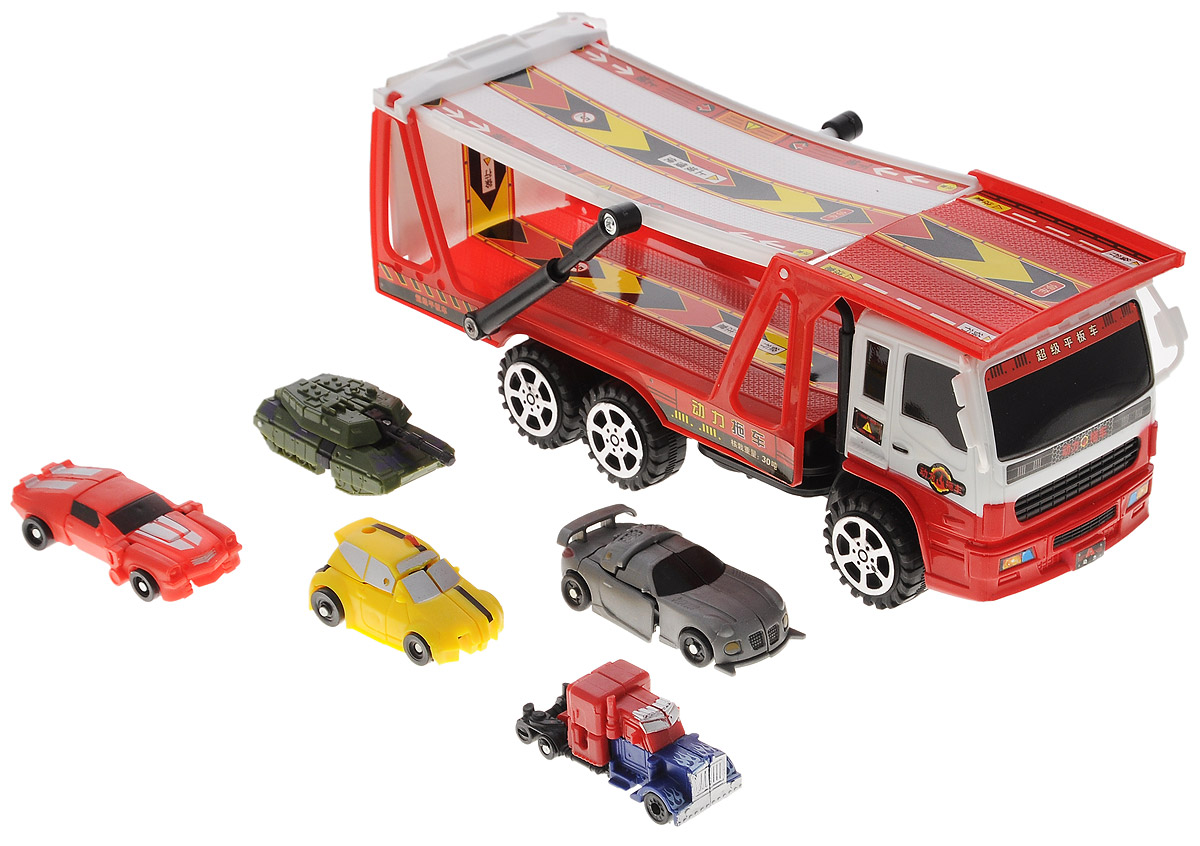 Junfa Toys Игровой набор Автовоз и 5 машинок-трансформеров цвет автовоза красныйHX8000B_красный Junfa Toys Игровой набор Автовоз и 5 машинок-трансформеров цвет автовоза красныйHX8000B_красныйИгровой набор Автовоз непременно станет любимой игрушкой вашего малыша. В набор входит грузовой автовоз с прицепом и пять машинок-трансформеров разных моделей и цветов. Маленькие машинки легко трансформируются в оригинальных роботов. У автовоза поднимается и наклоняется прицеп, чтобы машинкам было удобнее въезжать на него. Игрушки изготовлены из металла и высококачественного пластика. Ваш ребенок будет часами играть с этим набором, придумывая различные истории. Порадуйте его таким замечательным подарком!