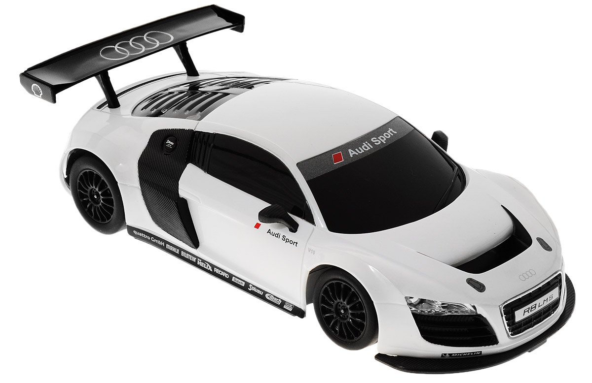 Rastar Радиоуправляемая модель Audi R8 LMS цвет белый черный46800_белый Rastar Радиоуправляемая модель Audi R8 LMS цвет белый черный46800_белыйРадиоуправляемая модель Rastar Audi R8 LMS станет отличным подарком любому мальчику! Все дети хотят иметь в наборе своих игрушек ослепительные, невероятные и крутые автомобили на радиоуправлении. Тем более, если это автомобиль известной марки с проработкой всех деталей, удивляющий приятным качеством и видом. Одной из таких моделей является автомобиль на радиоуправлении Rastar Audi R8 LMS. Это точная копия настоящего авто в масштабе 1:24. Возможные движения: вперед, назад, вправо, влево, остановка. Имеются световые эффекты. Пульт управления работает на частоте 27 MHz. Для работы игрушки необходимы 3 батарейки типа АА (не входят в комплект). Для работы пульта управления необходимы 2 батарейки типа АА (не входят в комплект).