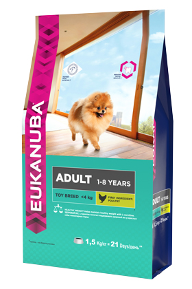 Корм Eukanuba Dog для взрослых собак миниатюрных пород 1,5 кг10135710 Корм Eukanuba Dog для взрослых собак миниатюрных пород 1,5 кг10135710Корм сухой полнорационный Eukanuba для взрослых собак миниатюрных пород от 1 до 8 лет (до 4 кг). Профессиональное сбалансированное питание, специально разработанное с учетом особенностей собак миниатюрных пород в возрасте от 1 до 8 лет. 1. ЗДОРОВЫЙ ВЕС L-карнитин помогает поддерживать здоровый вес у взрослых собак миниатюрных пород. 2. БАЛАНС+ Повышенное содержание пребиотиков способствует улучшению работы пищеварительной системы (по сравнению с EUKANUBA® Adult Small Breed) . 3. ЗУБЫ Клинически доказанная эффективность в борьбе с образованием зубного камня за 28 дней. Сокращает образование зубного налета и поддерживает здоровый блеск. 4. БЛЕСК Поддерживает здоровье кожи и красоту шерсти собак при помощи оптимального соотношения жирных кислот омега-3 и омега-6, эффективность которого доказана клинически. Условия хранения: в прохладном темном месте