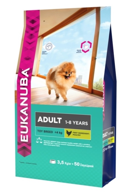 Корм Eukanuba Dog для взрослых собак миниатюрных пород 3,5 кг10135714 Корм Eukanuba Dog для взрослых собак миниатюрных пород 3,5 кг10135714Корм сухой полнорационный Eukanuba для взрослых собак миниатюрных пород от 1 до 8 лет (до 4 кг). Профессиональное сбалансированное питание, специально разработанное с учетом особенностей собак миниатюрных пород в возрасте от 1 до 8 лет. 1. ЗДОРОВЫЙ ВЕС L-карнитин помогает поддерживать здоровый вес у взрослых собак миниатюрных пород. 2. БАЛАНС+ Повышенное содержание пребиотиков способствует улучшению работы пищеварительной системы (по сравнению с EUKANUBA® Adult Small Breed). 3. ЗУБЫ Клинически доказанная эффективность в борьбе с образованием зубного камня за 28 дней. Сокращает образование зубного налета и поддерживает здоровый блеск. 4. БЛЕСК Поддерживает здоровье кожи и красоту шерсти собак при помощи оптимального соотношения жирных кислот омега-3 и омега-6, эффективность которого доказана клинически. Условия хранения: в прохладном темном месте