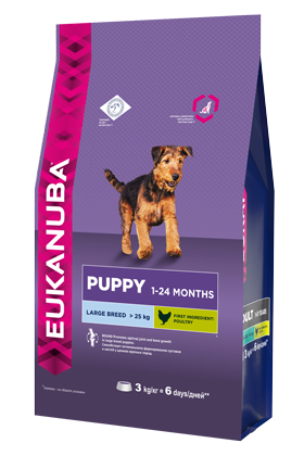 Корм Eukanuba Dog для щенков крупных пород 3 кг10137545 Корм Eukanuba Dog для щенков крупных пород 3 кг10137545Корм сухой полнорационный Eukanuba для щенков крупных и очень крупных пород от 1 до 24 месяцев (более 25 кг). Профессиональное сбалансированное питание, специально разработанное с учетом особенностей щенков крупных и очень крупных пород в возрасте от 1 до 24 месяцев. 1. КРЕПКИЕ КОСТИ Способствует оптимальному формированию суставов и костей у щенков крупных пород. 2. РОСТ Способствует здоровому развитию суставов и крепких костей за счет оптимального уровня кальция и фосфора, эффективность которых клинически доказана. 3. РАЗВИТИЕ Докозагексаеновая кислота (ДГК), эффективность которой клинически доказана, помогает щенкам становиться более смышлеными и способными к обучению и дрессировке. 4. ЗАЩИТА Антиоксиданты способствуют поддержанию естественной защиты организма щенков. Условия хранения: в прохладном темном месте