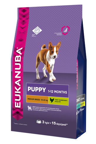 Корм Eukanuba Dog для щенков средних пород 3 кг10137711 Корм Eukanuba Dog для щенков средних пород 3 кг10137711Корм сухой полнорационный Eukanuba для щенков средних пород от 1 до 12 месяцев (10 кг -25 кг) Профессиональное сбалансированное питание, специально разработанное с учетом особенностей щенков средних пород в возрасте от 1 до 12 месяцев. 1. РОСТ Кальций, эффективность которого клинически доказана, способствует укреплению костей. 2. РАЗВИТИЕ Докозагексаеновая кислота (ДГК), эффективность которой клинически доказана, помогает щенкам становиться более смышлеными и способными к обучению и дрессировке. 3. ЗАЩИТА Антиоксиданты способствуют поддержанию естественной защиты организма щенков. 4. БАЛАНС Пребиотики и сухая пульпа сахарной свеклы способствуют оптимальному пищеварению. Условия хранения: в прохладном темном месте