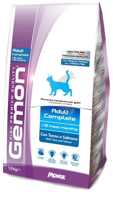 Корм Gemon Cat для взрослых кошек с тунцом и лососем 1,5 кг70297035 Корм Gemon Cat для взрослых кошек с тунцом и лососем 1,5 кг70297035Полнорационное питание для кошек от 1 до 10 лет. Оптимальное соотношение жирных кислот омега-3 и омега-6 улучшает здоровье кожи и шерсти. ФОС и МОС регулируют баланс кишечной бактериальной флоры животного и обеспечивают правильную работу пищеварительной системы. Хорошо усваиваемая формула корма содержит Юкку Шидигера, которая помогает уменьшить запах фекалий. Низкое содержание магния и нейтральный Ph обеспечивают профилактику мочекаменных заболеваний. Не содержит искусственных красителей и консервантов.