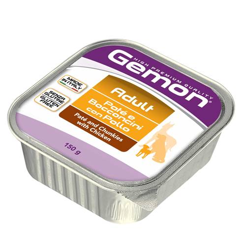 Консервы Gemon Dog для собак паштет с кусочками курицы 150 г70300292 Консервы Gemon Dog для собак паштет с кусочками курицы 150 г70300292Гарантированный анализ: Сырой белок 9,0%, сырые масла и жиры 7,0%, сырая зола 1,2%, сырая клетчатка 0,5%, влажность 82%. Витамины и добавки/кг: витамин А 3000 МЕ, витамин D3 400 МЕ, витамин Е 15 мг.Свежее мясо 78% (из них курицы мин. 10%), минеральные вещества, витамины. Технологические добавки: загустители и желеобразующие компоненты. Подавать корм комнатной температуры или подогретый. Важно, чтобы животное всегда имело доступ к чистой, свежей воде. Суточная норма для взрослых собак мелких пород составляет минимум 400 г продукта. Условия хранения: в прохладном темном месте