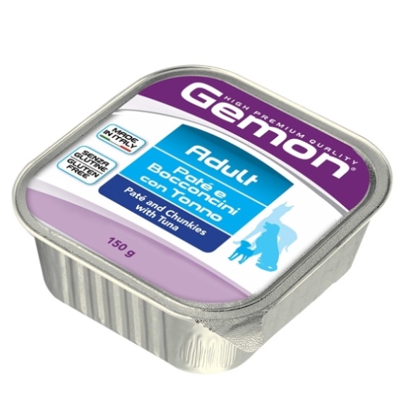 Консервы Gemon Dog для собак паштет с кусочками тунца 150 г70300308 Консервы Gemon Dog для собак паштет с кусочками тунца 150 г70300308Гарантированный анализ: Сырой белок 9,0%, сырые масла и жиры 7,0%, сырая зола 1,2%, сырая клетчатка 0,5%, влажность 82%. Витамины и добавки/кг: витамин А 3000 МЕ, витамин D3 400 МЕ, витамин Е 15 мг.Свежее мясо 48%, свежая рыба 30% (из них тунца мин. 10%), минеральные вещества, витамины. Технологические добавки: загустители и желеобразующие компоненты. Подавать корм комнатной температуры или подогретый. Важно, чтобы животное всегда имело доступ к чистой, свежей воде. Суточная норма для взрослых собак мелких пород составляет минимум 400 г продукта. Условия хранения: в прохладном темном месте