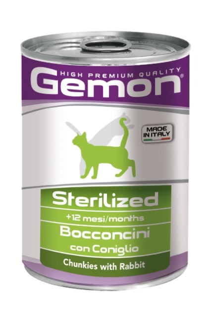 Консервы Gemon Cat Sterilised, для стерилизованных кошек, с кусочками кролика, 415 г70300711 Консервы Gemon Cat Sterilised, для стерилизованных кошек, с кусочками кролика, 415 г70300711Сырой белок 8,0%, сырые масла и жиры 6,0%, сырая клетчатка 0,5%, сырая зола 2,0%, магний 0,05%, влажность 80%. Витамины и добавки/кг: витамин А 2000 МЕ, витамин D3 200 МЕ, витамин Е (альфа-токоферол ацетат) 5 мг, таурин 500 мг. Мясо и мясные субпродукты 45% (кролика 5%), злаки, яйца, минеральные вещества. Технологические добавки: загустители и желеобразующие компоненты. Подавать корм комнатной температуры или подогретый. Важно, чтобы животное всегда имело доступ к чистой, свежей воде. Взрослой кошке необходимо 250 г продукта в день, суточную норму разделить на 2-3 приема пищи. Условия хранения: в прохладном темном месте