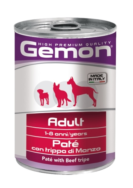 Консервы Gemon Dog для собак паштет говяжий рубец 400 г70387804 Консервы Gemon Dog для собак паштет говяжий рубец 400 г70387804Гарантированный анализ: Сырой белок 8,0%, сырые масла и жиры 6,5%, сырая клетчатка 0,3%, сырая зола 1,5%, влажность 80%. Витамины и добавки/кг: витамин А 2500 МЕ, витамин D3 250 МЕ, витамин Е (альфа-токоферол ацетат) 10 мг.Мясо и мясные субпродукты 80% (из них говяжего рубца 26%), минеральные вещества. Подавать корм комнатной температуры или подогретый. Важно, чтобы животное всегда имело доступ к чистой, свежей воде. Суточная норма составляет 40-50 г продукта на каждый кг веса животного. Условия хранения: в прохладном темном месте