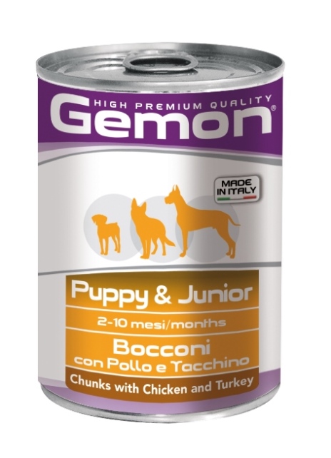 Консервы Gemon Dog для щенков кусочки курицы с индейкой 415 г70387866 Консервы Gemon Dog для щенков кусочки курицы с индейкой 415 г70387866Гарантированный анализ: Сырой белок 8,0%, сырые масла и жиры 7,0%, сырая клетчатка 0,5%, сырая зола 2,0%, влажность 80%. Витамины и добавки/кг: витамин А 3000 МЕ, витамин D3 200 МЕ, витамин Е (альфа-токоферол ацетат) 6 мг.Мясо и мясные субпродукты 45% (курица 14%, индейка 12%), злаки, яйца, минеральные вещества. Технологические добавки: загустители и желеобразующие компоненты. Подавать корм комнатной температуры или подогретый. Важно, чтобы животное всегда имело доступ к чистой, свежей воде. Суточная норма составляет 40-50 г продукта на каждый кг веса животного. Условия хранения: в прохладном темном месте