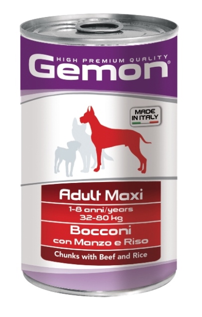 Консервы Gemon Dog Maxi для собак крупных пород кусочки говядины с рисом 1250 г70387903 Консервы Gemon Dog Maxi для собак крупных пород кусочки говядины с рисом 1250 г70387903Гарантированный анализ: Сырой белок 8,5%, сырые масла и жиры 6%, сырая клетчатка 0,5%, сырая зола 2,7%, влажность 80%. Витамины и добавки/кг: витамин А 2500 МЕ, витамин D3 250 МЕ, витамин Е (альфа-токоферол ацетат) 10 мг. Мясо и мясные субпродукты 45% (говядина 5%), злаки (рис 4,2%), яйца, минеральные вещества. Технологические добавки: загустители и желеобразующие компоненты. Подавать корм комнатной температуры или подогретый. Важно, чтобы животное всегда имело доступ к чистой, свежей воде. Суточная норма для взрослых собак крупных пород (32-80 кг) составляет 1800-3700 г продукта, порция должна быть разделена на 2-3 приема пищи. Условия хранения: в прохладном темном месте