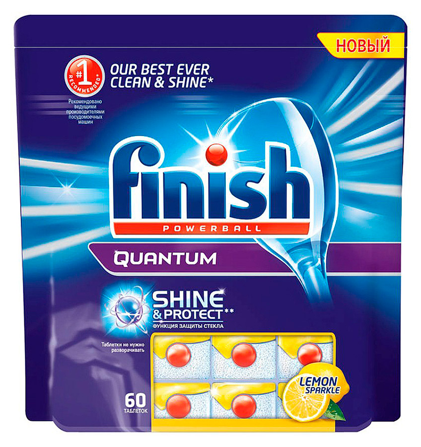 Finish Quantum Max Лимон средство для посуды для ПММ 60 таблеток4302 Finish Quantum Max Лимон средство для посуды для ПММ 60 таблеток4302Новый Finish Quantum Блеск и Защита - это удобные таблетки для посудомоечной машины, которые оказывают тройное действие против жира и грязи, а также придают исключительный блеск и защищают стеклянную посуду от коррозии. Товар сертифицирован.