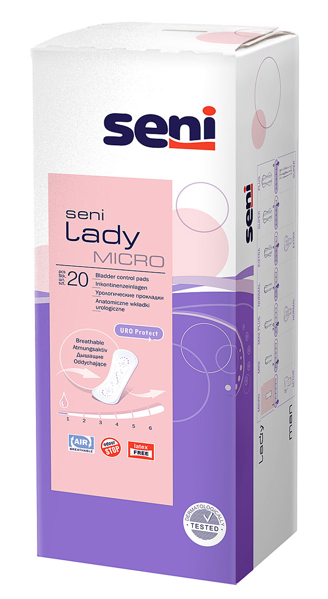 Seni Урологические прокладки для женщин Seni Lady Micro 20 штSE-095-MC20-G01 Seni Урологические прокладки для женщин Seni Lady Micro 20 штSE-095-MC20-G01Урологические прокладки Seni Lady для женщин, страдающих легкой степенью недержания мочи. Специальный суперабсорбент препятствует размножению бактерий и нейтрализует неприятный запах мочи. Прокладки Seni Lady Extra имеют внутренние боковые бортики, которые дают дополнительную защиту. Широкая клеящая полоса обеспечивает легкое и надежное крепление к белью. Анатомическая форма и дышащий внешний слой гарантируют комфорт в использовании.