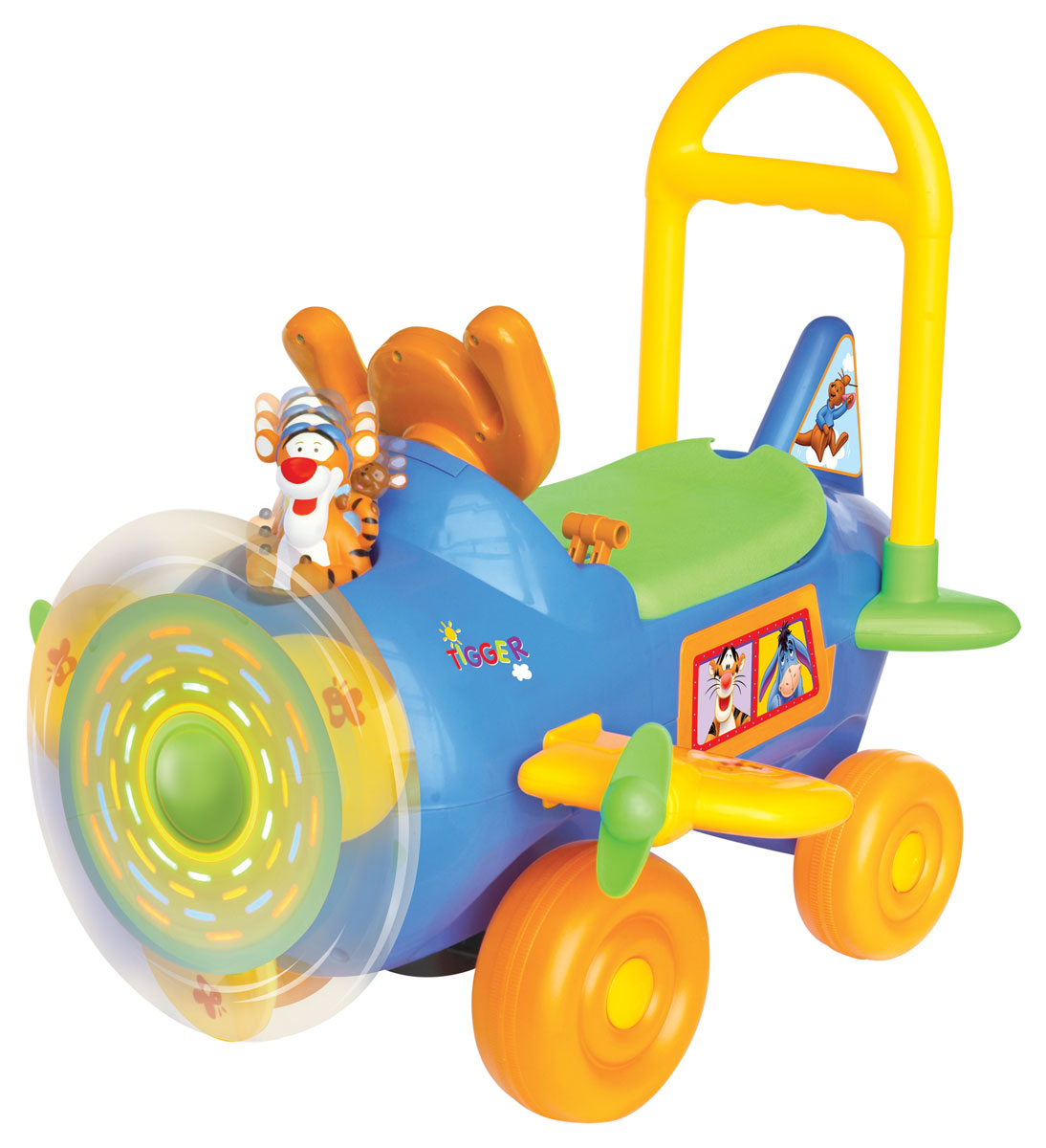 Kiddieland Каталка-пушкар Тигруля с пропеллеромKID 037499 Kiddieland Каталка-пушкар Тигруля с пропеллеромKID 037499В каталке-пушкаре Kiddieland Тигруля с пропеллером предусмотрены все составляющие, чтобы ваш ребенок не только с пользой провёл время, катясь на свежем воздухе и развивая мышечную систему ног, но и смог развлечь себя разнообразными световыми и звуковыми эффектами. А фигурка любимого героя Тигрули поднимет малышу настроение и станет верным спутником во время его захватывающей поездки. Особенности: Каталка предназначена для использования не только на улице, но и дома. Каталка окрашена в яркие цвета: оранжевый, жёлтый, синий, а также дополнена фигуркой Тигрули из диснеевского мультика о Винни-Пухе, а также вращающимися пропеллерами, которые включаются специальной кнопкой. Корпус каталки украшен декоративными наклейками с изображением героев мультфильма, а на передней панели расположен руль с кнопочками, рычаг скоростей и ключ зажигания. Декоративные огоньки на пропеллере и корпусе изделия во время движения светятся разноцветными...