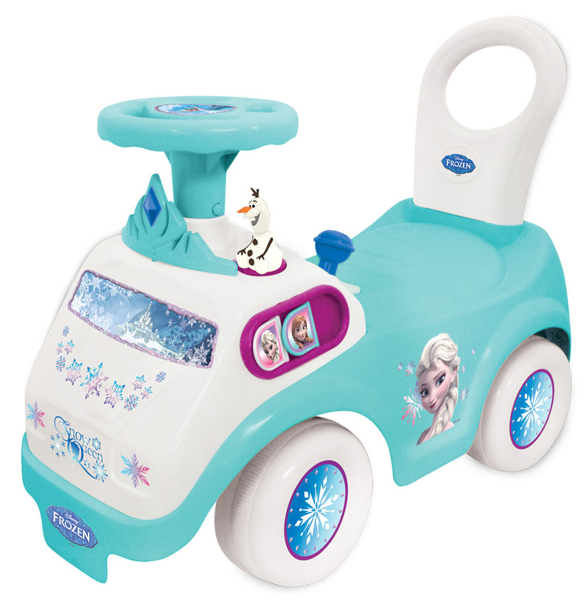Kiddieland Каталка-пушкар Холодное сердце KID 052688KID 052688 Kiddieland Каталка-пушкар Холодное сердце KID 052688KID 052688Элегантный чудомобиль «Холодное сердце» порадует вашу малышку мигающими огоньками, настоящими мелодиями из мультфильма и волшебными звуками! • Выполненный в стиле популярного мультсериала «Холодное сердце». • На панели управления размещены приборы, огоньки поворотов и множество функциональных кнопок. • На капоте размещен ледяной сказочный замок с фигурками принцесс из мультфильма — Эльзы, Анны — и веселого снеговика Олафа. • Машинка будет развивать у ребенка подвижность, активность и дарить ему веселое настроение. • Каталка оформлена в бело-бирюзовых тонах, напоминающих снежную зиму