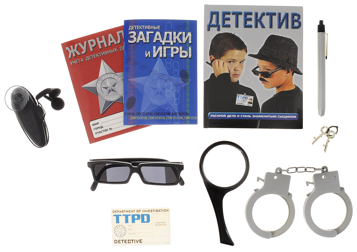 Top That! Игровой набор Чемодан детектива00000128 Top That! Игровой набор Чемодан детектива00000128Настоящие детективы для получения информации пользуются самыми современными техническими приспособлениями. Игровой набор Чемодан детектива включает в себя журнал учета детективных дел, детективные загадки и игры, книгу Детектив, удостоверение детектива, лупу, подслушивающее устройство, очки для заднего наблюдения, ручку-фонарик, наручники и 2 ключика к ним. Этот набор для тех, кто мечтает о приключениях, кому снятся детективные расследования, и в чьем воображении существует реальный мир шпионских страстей. Устройство для подслушивания имеет компактный дизайн и наушники. Характеристики: Материал: пластик, бумага. Размер лупы: 7 см x 7 см x 15 см. Размер очков: 13,5 см x 3,5 см x 14 см. Размер чемодана: 32,5 см x 22,5 см x 6 см. Изготовитель: Китай. Для работы подслушивающего устройства необходимо докупить 2 батареи мощностью 1,5V типа AA (не входят в комплект).