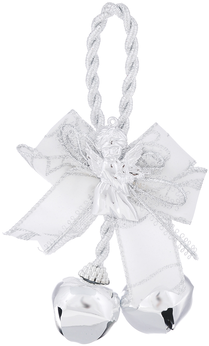 Новогоднее подвесное украшение Феникс-презент "Бубенцы с бантиком", цвет: серебряный, белый, 8,5 х 10,5 х 3,5 см 38604
