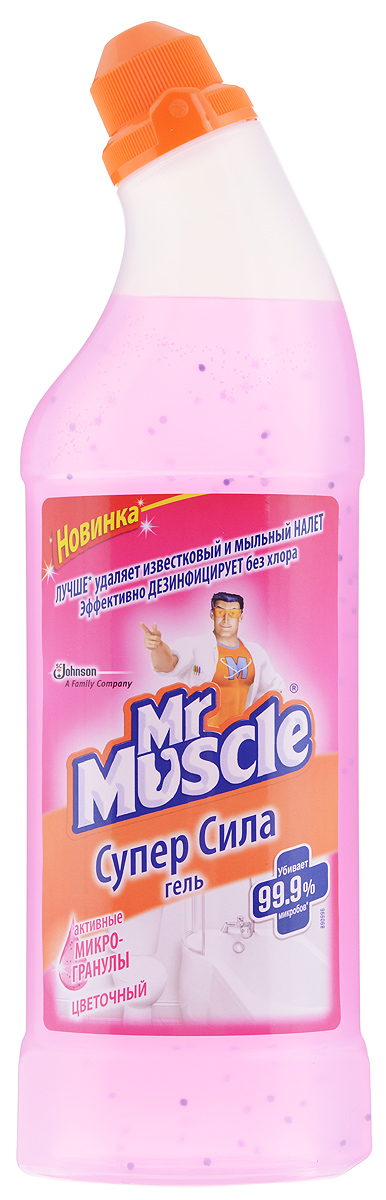 Чистящее средство Mr. Muscle Супер Сила, с микро-гранулами, цветочный, 1000 г663729 Чистящее средство Mr. Muscle Супер Сила, с микро-гранулами, цветочный, 1000 г663729Чистящее средство Mr. Muscle Супер Сила - это уникальный гель с чистящими агентами для безупречной чистоты. Его инновационная формула легко справится даже с самыми сложными пятнами: въевшимся мыльным и застарелым известковым налетом. Еще он эффективно дезинфицирует без хлора. Гель предназначен для очищения ванной, раковины, унитаза, кранов, плитки. Эффективно очищает поверхности из нержавеющей стали, стеклопластика, хромированные, акриловые, фарфоровые и керамические поверхности в ванной, на кухне и любых других уголках вашего дома. Вес: 1000 г. Состав: вода, лимонная кислота, загуститель, а-ПАВ менее 5%, стабилизатор, отдушка, гидроксид натрия, красители, альгинат натрия. Товар сертифицирован.