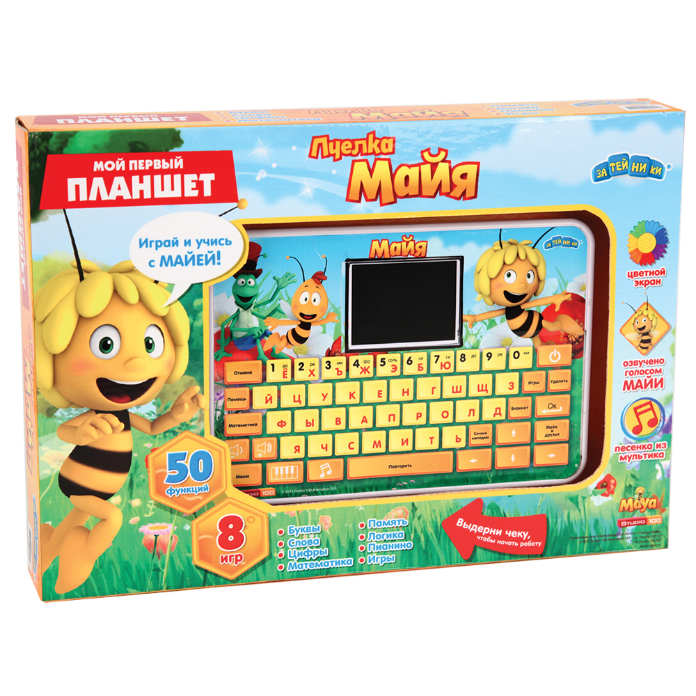 Компьютер планшет с цветным экраном Пчелка Майя, 53 функции + 8 игр82020 Компьютер планшет с цветным экраном Пчелка Майя, 53 функции + 8 игр82020Этот детский компьютер с цветным дисплеем, озвучен голосом Майи , разработан специально для дошкольной подготовки детей от 3 до 6 лет. Каждый раздел состоит из нескольких упражнений, направленных на развитие логики, мышления, памяти. Обучающие программы и игры в увлекательной форме помогут ребятам узнать и закрепить новые знания. Функции: 53 задания (включая блокнот),8 игр,1 песенка из мультфильма, автоматическое отключение. Описание функций: 1. Учим буквы и цифры. 2.Найди пропущенную букву 3.Найди парную строчную букву 4.Учим буквы и слова 5. Напиши слово 6.Найди пропущенную букву 7.Сосчитай звёздочки 8.Подбери слово по картинке 9. Напиши букву или цифру 10. Выбери большее число 11. Учимся вычитать 12.Создай мелодию 13.Найди вторую половинку 14. Учимся складывать 15. Учимся отличать буквы от цифр 16. Зеркало 17. Лево или право 18. Упражнение на умножение 19. Пропущенные слоги 20. Найди цифру 21. Упражнение на деление
