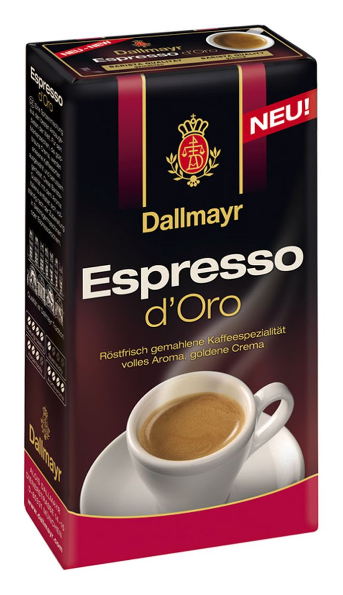 Dallmayr Esspresso dOro кофе молотый, 250 г820250000 Dallmayr Esspresso dOro кофе молотый, 250 г820250000Dallmayr Esspresso dOro - тонкая изысканная композиция зерен с лучших плантаций мира. Это превосходный молотый кофе имеет итальянский вкус эспрессо с пряным терпким оттенком и золотистой пенкой.