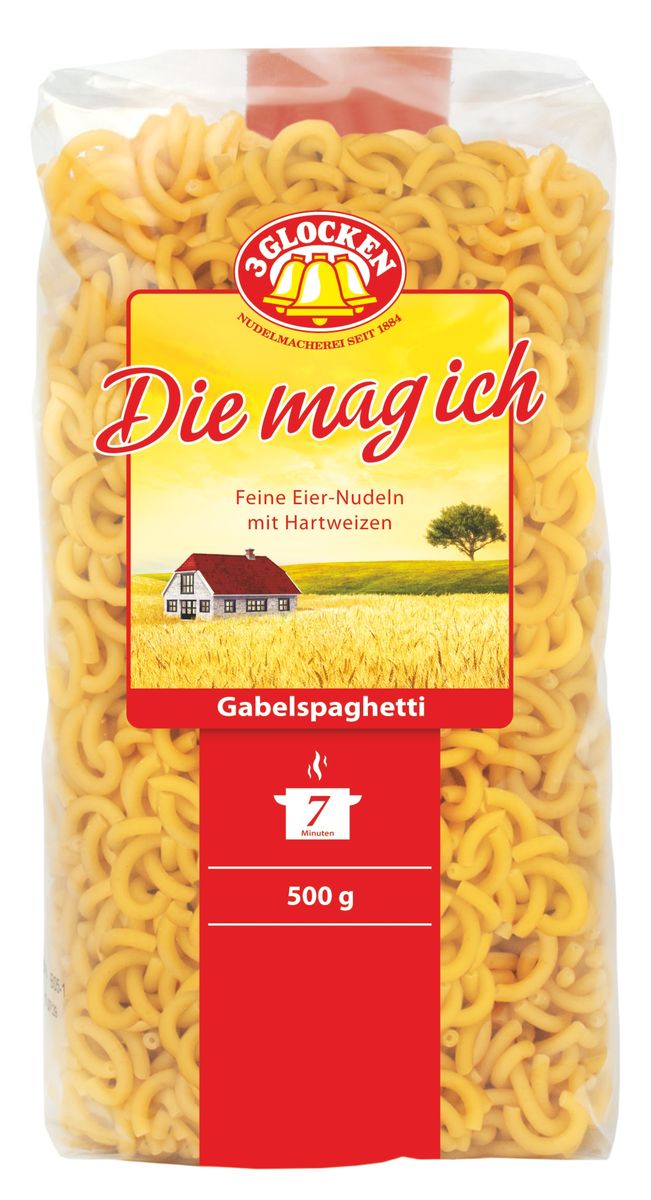 3 Glocken Gabelspagetti мелкие рожки, 500 гDMI 500729 3 Glocken Gabelspagetti мелкие рожки, 500 гDMI 500729Макаронные изделия 3 Glocken Gabelspagetti состоят из твёрдой муки с добавлением двух с половиной яиц на один килограмм муки. Хочется особо подчеркнуть - там действительно яйца высшей категории класса А. Очень доступная серия по цене для любых слоёв населения. Условия хранения: в сухом прохладном месте при температуре до 30°C и относительной влажности воздуха не более 70%