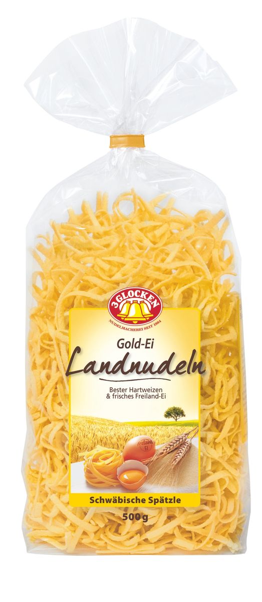 3 Glocken Haust.Spatzle домашняя лапша, 500 гGE 708071 3 Glocken Haust.Spatzle домашняя лапша, 500 гGE 708071Домашняя лапша 3 Glocken Haust.Spatzle изготовлена из муки твердых сортов, содержащей чуть меньшее количество клейковины, чем обыкновенная мука. Она хорошо поглощает воду, макароны из нее при варке увеличиваются и не развариваются. Макаронные изделия содержат четыре яйца на один килограмм муки. Изысканная упаковка с бантиком и домашняя рецептура делают эту серию особенно привлекательной. Условия хранения: в сухом прохладном месте при температуре до 30°C и относительной влажности воздуха не более 70%