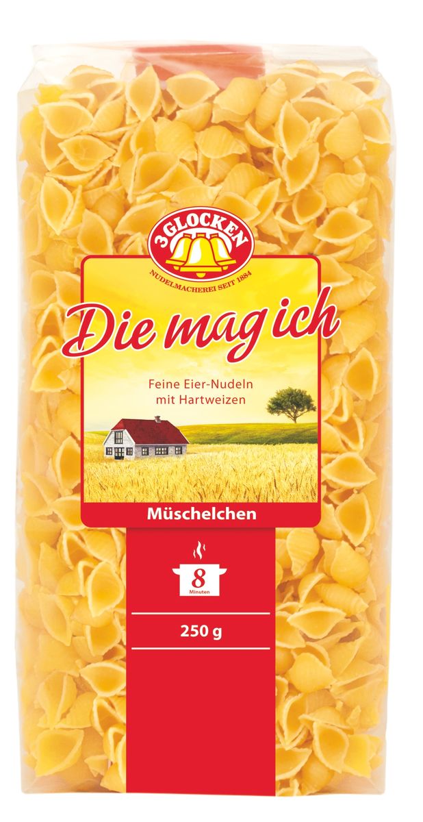 3 Glocken Muschelchen мелкие ракушки, 250 гDMI 500262 3 Glocken Muschelchen мелкие ракушки, 250 гDMI 500262Макароны 3 Glocken Muschelchen состоят из твёрдой муки с добавлением двух с половиной яиц на один килограмм муки. Хочется особо подчеркнуть - там действительно яйца высшей категории класса А. Очень доступная серия по цене для любых слоёв населения. Условия хранения: в сухом прохладном месте при температуре до 30°C и относительной влажностью воздуха не более 70%