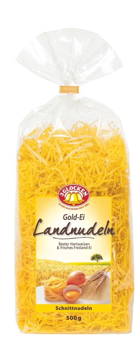 3 Glocken Gold-Ei Landnudeln мелкая лапша, 500 гGE 608289 3 Glocken Gold-Ei Landnudeln мелкая лапша, 500 гGE 608289Мелкая лапша 3 Glocken Gold-Ei Landnudeln сделана из муки твердых сортов содержащей чуть меньшее количество клейковины, чем обыкновенная мука. Она хорошо поглощает воду, макароны из нее при варке увеличиваются и не развариваются. Лапша сделана на чистой, проточной, ключевой родниковой воде, с добавлением яиц. Варить 5-6 минут в подсоленной воде.