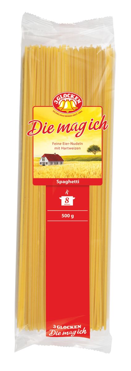 3 Glocken Die mag ich Spagetti спагетти, 500 гDMI 900710 3 Glocken Die mag ich Spagetti спагетти, 500 гDMI 9007103 Glocken Spagetti серии Die mag ich состоят из твёрдой муки с добавлением двух с половиной яиц на один килограмм муки. Хочется особо подчеркнуть - там действительно яйца высшей категории класса А. Очень доступная серия по цене для любых слоёв населения. Условия хранения: в сухом прохладном месте при температуре до 30°C и относительной влажности воздуха не более 70%