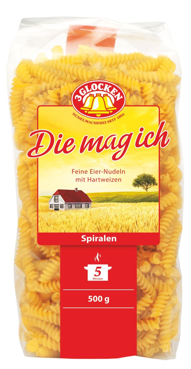 3 Glocken Die mag ich Spiralen спирали, 500 гDMI 500675 3 Glocken Die mag ich Spiralen спирали, 500 гDMI 5006753 Glocken Die mag ich Spiralen состоят из твёрдой муки с добавлением двух с половиной яиц на один килограмм муки. Хочется особо подчеркнуть - там действительно яйца высшей категории класса А. Очень доступная серия по цене для любых слоёв населения. Условия хранения: в сухом прохладном месте при температуре до 30°С и относительной влажности воздуха не более 70%