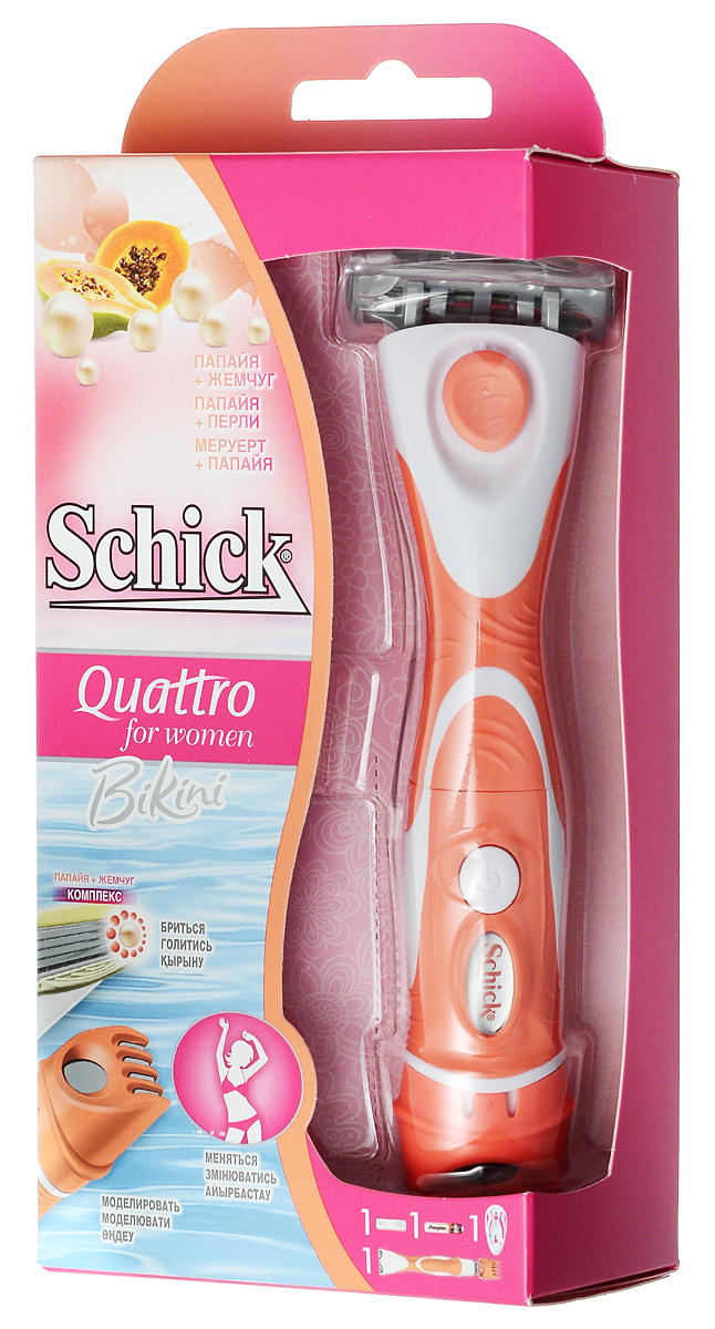 Schick Бритвенный станок Quattro For Women Bikini, с комплексом папайя и меруерт480000395 Schick Бритвенный станок Quattro For Women Bikini, с комплексом папайя и меруерт480000395Бритвенный станок Quattro For Women Bikini оснащен четырьмя острыми лезвиями из нержавеющей стали, запатентованной решеткой от царапин и порезов, и включает триммер для моделирования зоны бикини. Водостойкий триммер оснащен регулируемым гребнем, который очень удобен в использовании. Обновленная версия станка содержит увлажняющую полоску с комплексом папайи и меруерт. Бритвенный станок работает от батарейки типа ААА, входящей в комплект. К станку прилагается 1 сменное лезвие и подставка для хранения. Товар сертифицирован.