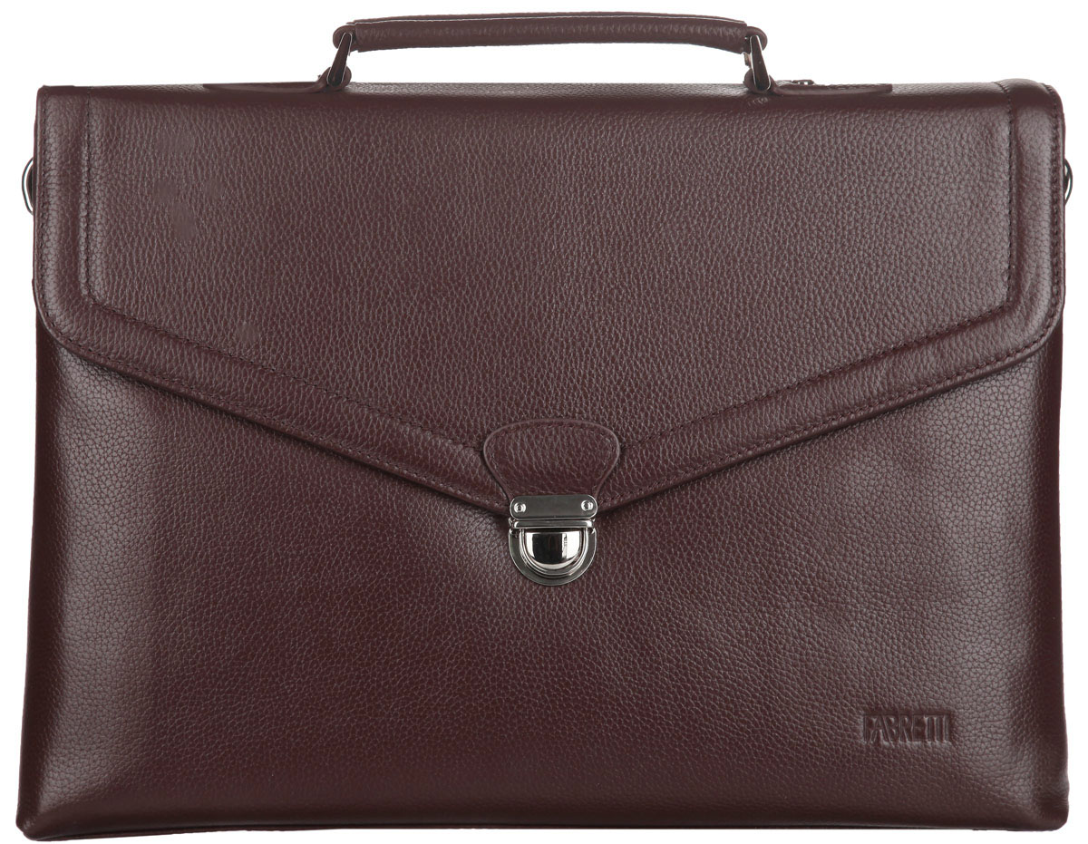 Портфель мужской Fabretti, цвет: коричневый. QJB055QJB055-brown Портфель мужской Fabretti, цвет: коричневый. QJB055QJB055-brownСтильный мужской портфель Fabretti выполнен из натуральной кожи с зернистой фактурой, оформлен металлической фурнитурой и символикой бренда. Изделие закрывается клапаном на замок-защелку, содержит два отделения. Внутри портфеля расположен мягкий карман для планшета с хлястиком на липучке, два открытых кармана для мелочей и мобильного телефона, два фиксатора для ручек и врезной карман на застежке-молнии. Снаружи, на тыльной стенке портфеля, расположен врезной карман на застежке-молнии. Изделие дополнено практичной ручкой и съемным плечевым ремнем, длина которого регулируется при помощи пряжки. Стильный и практичный мужской портфель Fabretti выгодно дополнит ваш деловой образ.