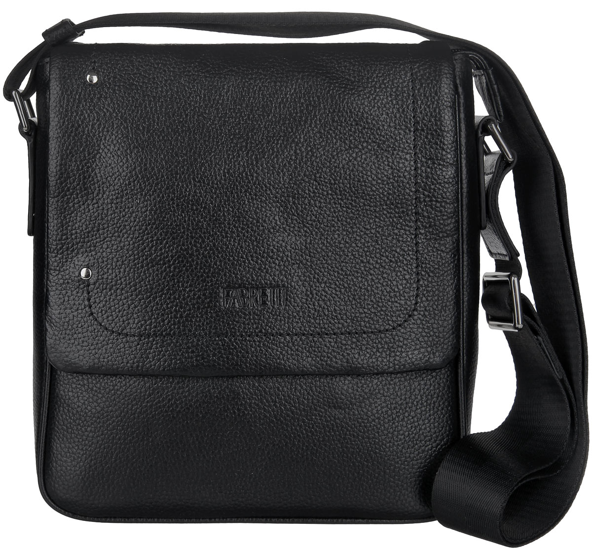 Сумка мужская Fabretti, цвет: черный. LRB112LRB112-black Сумка мужская Fabretti, цвет: черный. LRB112LRB112-blackСтильная мужская сумка Fabretti выполнена из натуральной кожи с зернистой фактурой, оформлена металлической фурнитурой и символикой бренда. Изделие закрывается клапаном на скрытые магнитные кнопки и дополнительно на застежку-молнию. Сумка содержит одно основное отделение и два внешних кармана. Внутри основного отделения расположены накладной карман для телефона, врезной карман на застежке- молнии и два кожаных фиксатора для ручек. Снаружи, на лицевой стороне сумки под клапаном, расположен накладной карман. На тыльной стороне сумки расположен объемный карман на круговой застежке-молнии, внутри которого расположены четыре кармана для кредитных карт и один накладной карман. Изделие дополнено практичным плечевым ремнем, длина которого регулируется при помощи пряжки. Стильная и практичная мужская сумка Fabretti дополнит ваш деловой образ.