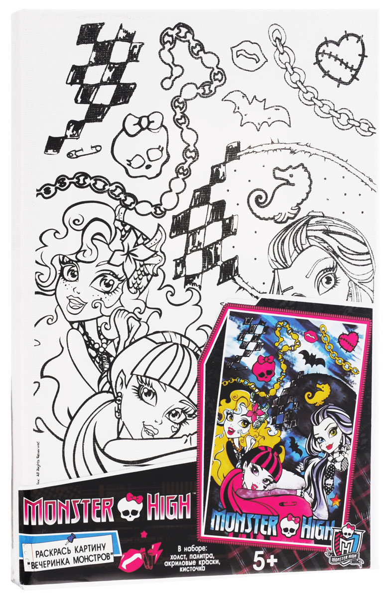 Monster High Набор для творчества Роспись по холсту Вечеринка монстров23885 Monster High Набор для творчества Роспись по холсту Вечеринка монстров23885Набор для творчества Monster High Роспись по холсту: Вечеринка монстров будет отличным подарком маленькой поклоннице Monster High! Раскрашивание красивой картинки с любимыми героями подарит малышке несравнимое удовольствие и будет способствовать формированию ее художественного вкуса, совершенствованию творческого мышления, развитию цветовосприятия, тренировке мелкой моторики рук. Яркие акриловые краски легко ложатся на поверхность холста. Для получения нужных оттенков можно смешать цвета, а для создания прозрачности нужно разбавить краски водой. Картинку можно раскрашивать в несколько слоев, нанося новый цвет на подсохшую поверхность. В набор входит: плотный отбеленный холст 20 см х 30 см (плотность - 280 г/м) на деревянной рамке, 5 акриловых красок в металлических тубах, палитра, кисть. Холст загрунтован с уже нанесённым контурным рисунком.