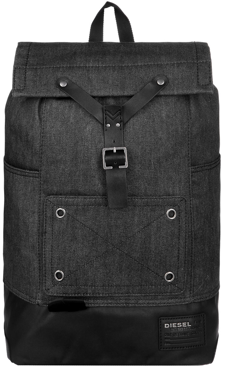Рюкзак мужской Diesel, цвет: черный. X03468-P0687/H1939X03468-P0687/H1939 Рюкзак мужской Diesel, цвет: черный. X03468-P0687/H1939X03468-P0687/H1939Стильный и практичный городской рюкзак Diesel выполнен из хлопка, полиэстера и полиуретана, оформлен символикой бренда. Изделие содержит одно отделение, которой закрывается хлястиком на магнитную кнопку и дополнительно на шнурок с фиксатором. В основном отделении рюкзака размещен мягкий накладной карман на липучке для ноутбука, врезной карман на молнии и два накладных кармана. Снаружи рюкзак оснащен двумя накладными карманами. Изделие дополнено удобными лямками и петлей для подвешивания. Практичный рюкзак Diesel станет незаменим спутником в поисках приключений.