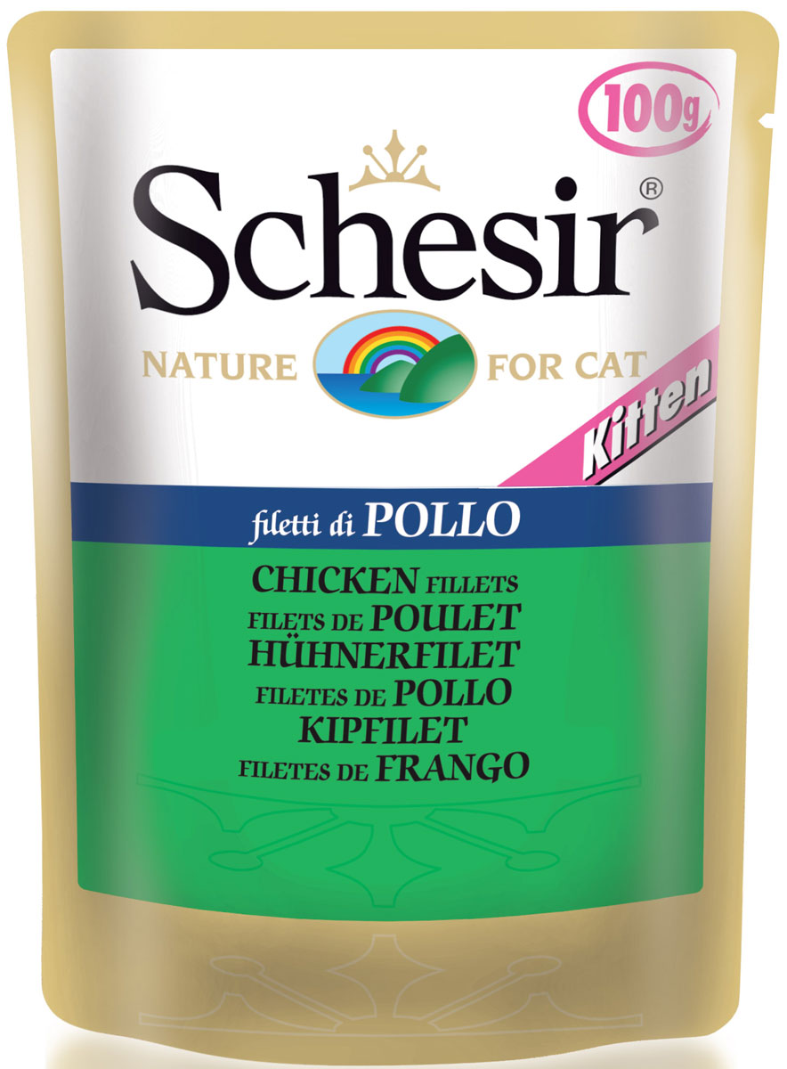 Консервы для котят Schesir, с куриным филе, 100 г132.С576 Консервы для котят Schesir, с куриным филе, 100 г132.С576Консервы Schesir - это дополняющий пищевой продукт для котят. Состав: куриное филе 62%, подсолнечное масло 1,5%, овощной желатин, минеральные вещества. Содержание элементов: белок 12,5%, масла и жиры 2%, клетчатка 0,1%, влажность 84%, минеральные вещества 1%. Питательные добавки (на кг): витамины: А - 1700 МЕ, D3 - 120 МЕ, Е - 180 мг, таурин 200 мг, гептагидрат сульфата цинка 125 мг, моногидрат сульфата железа 37 мг, моногидрат сульфата марганца 12 мг, йодид калия 12 мг, пентагидрат сульфата меди 3 мг. Товар сертифицирован.