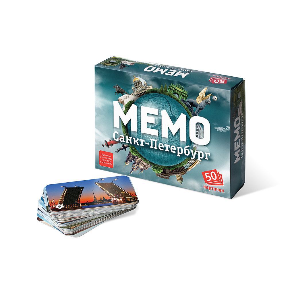 Нескучные игры Настольная игра Мемо Санкт-Петербург7201 Нескучные игры Настольная игра Мемо Санкт-Петербург7201Настольная игра Нескучные игры Мемо. Санкт-Петербург поможет развить память как ребенку, так и взрослому. Необходимо собрать как можно больше пар карточек, т.е. две карточки с одинаковой картинкой. Для начала разложите карточки на столе картинками вниз. Игру начинает самый младший игрок и ход переходит по часовой стрелке. Игроки по очереди переворачивают по две карточки таким образом, чтобы все могли видеть изображенные на них картинки. Если картинки на карточках одинаковые, то игрок забирает их. Он может продолжать игру до тех пор, пока он находит карточки с одинаковыми картинками. Если картинки на карточках не совпадают, то игрок кладёт карточки обратно картинками вниз и ход переходит к следующему игроку, сидящему слева. Выигрывает тот игрок, который к концу игры наберет большее количество парных карточек. Настольная игра Мемо. Санкт-Петербург поможет расширить кругозор и получше познакомиться с изображенными на карточках достопримечательностями.