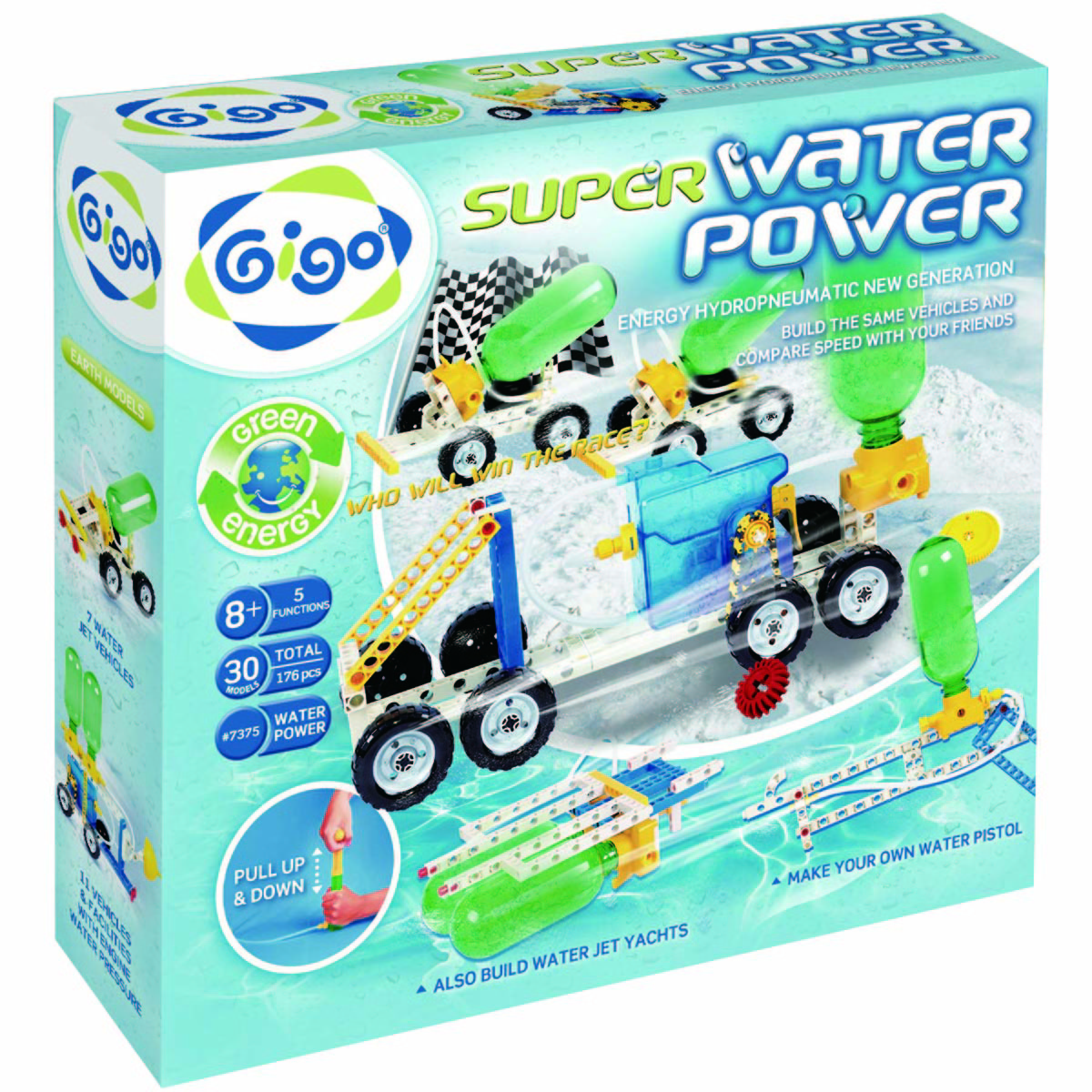 Gigo Конструктор Super water power (Гиго. Энергия воды - Макси)7375 Gigo Конструктор Super water power (Гиго. Энергия воды - Макси)7375Конструктор Gigo Super water power (Гиго. Энергия воды - Макси). В наборе модели не требуют батареек, так как используют энергию давления воды и воздуха. Представлен новый гидропневматический мотор и новый большой насос. Из деталей конструктора Ваш ребенок может собрать по две одинаковые модели и устраивать с друзьями соревнование моделей.