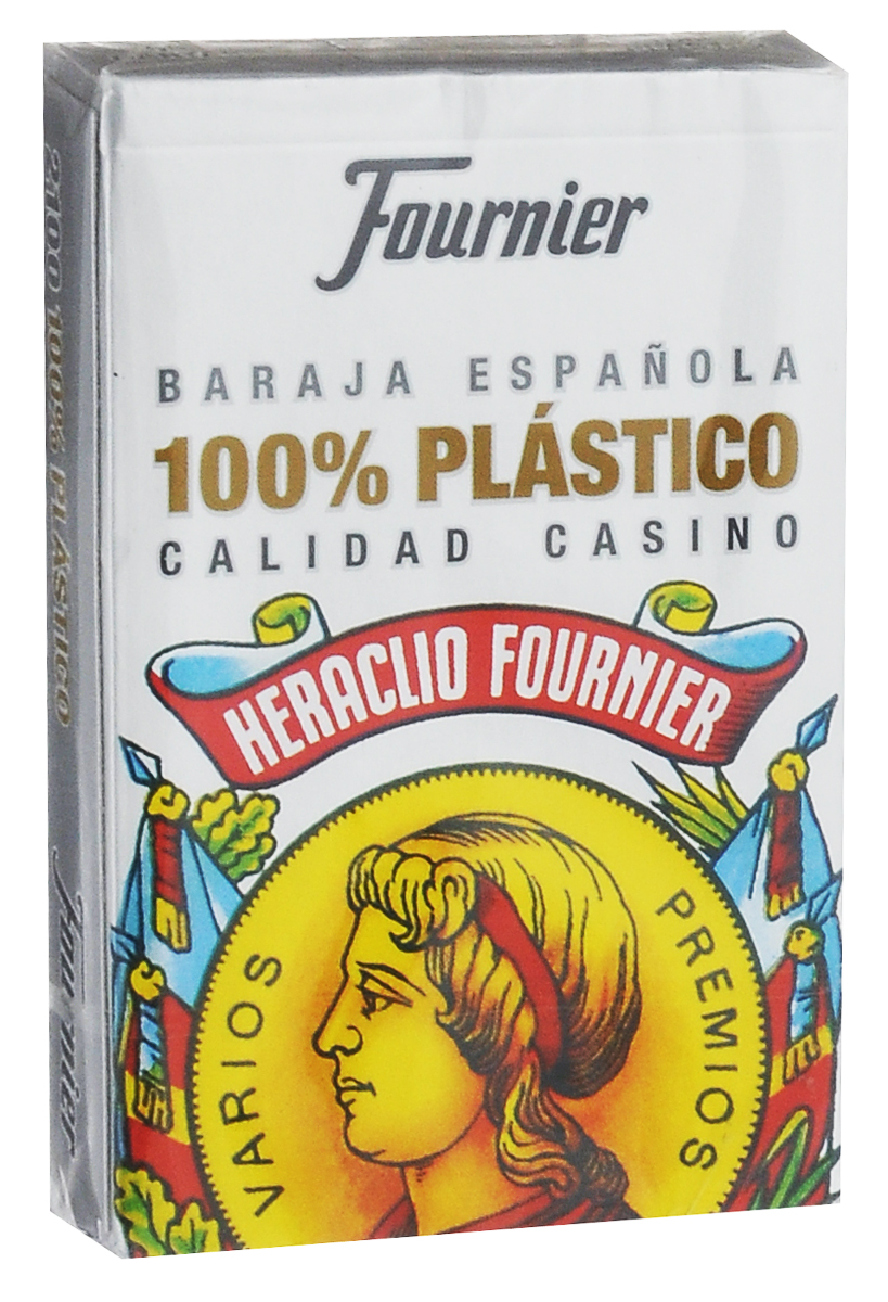Карты игральные Fournier 2100К-530 Карты игральные Fournier 2100К-530Колода карт от Fournier из стопроцентного пластика включает 50 карт: 4 масти по 12 карт плюс 2 джокера. Особенность испанской колоды в достоинствах и мастях карт. В колоде четыре масти: монеты (бубны), палицы (трефы), кубки (черви) и мечи (пики). Масти, помимо значка, различаются еще и по рамке, окружающей рисунок. Непрерывная рамка - это монеты, прерывается один раз - кубки, два - мечи, три раза - палицы. Карты имеют достоинства от 1 до 12. Карты с достоинством 10, 11 и 12 называются, соответственно, валет, конь и король. Дамы в игре не участвуют. Карты имеют стандартный покерный размер, подходят как для новичков, так и для профессионалов.